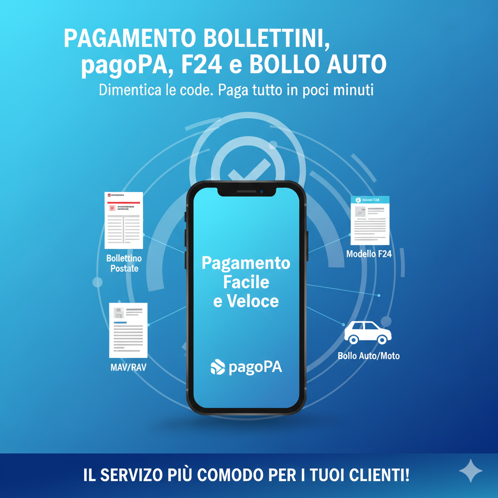Pagamento bollettini pagoPA, F24 e bollo auto direttamente al banco senza fare la fila in posta